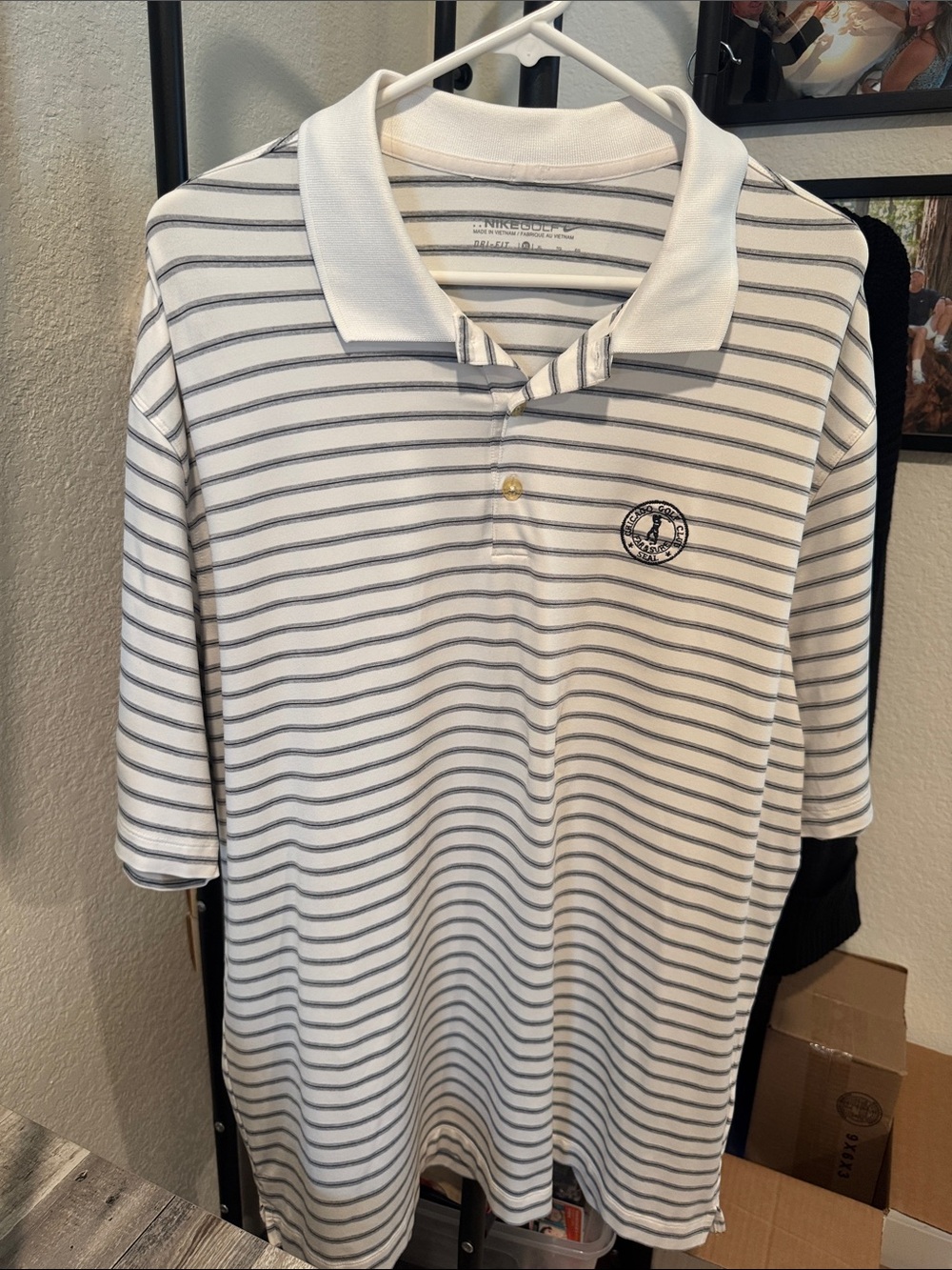 Nike White and Gray Striped Polo - Chicago golf club